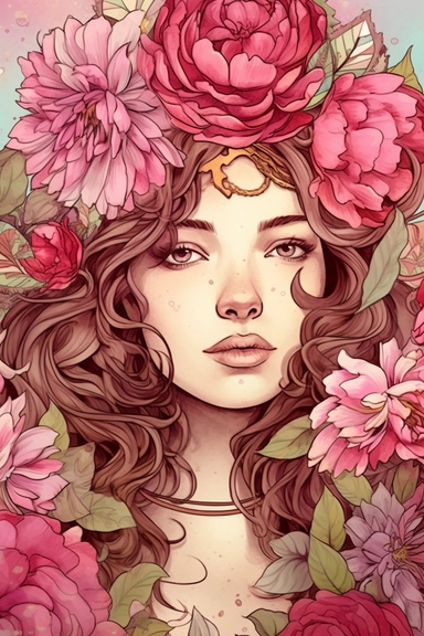 portret of a beautiful woman, brown hair, dressed in peonies floral headdress, freckles, style by Lusy Fleming, folk art, watercolor, clipart elements, smooth gradients, black contour outline, ultra detailed, colorul background, super clear, high quality