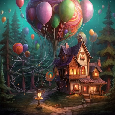 Whimsical magical wacky balloon cottage, dark forest, muted colors, swirls, twists, twirls, metallic, glitter, stylized, funny, centered, airbrushed, digital oil, detailed illustration, clip art, cartoon, 8k,-- ar 9:8