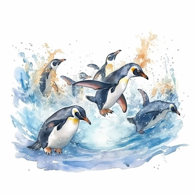 Watercolor clipart consist of a penguins splashing and swimming in the water, showcasing their playful nature. Produce very high detailed image. Produce very high quality image. The penguin proportion is same as real emperor penguin. Left some white empty space around the image frame.
