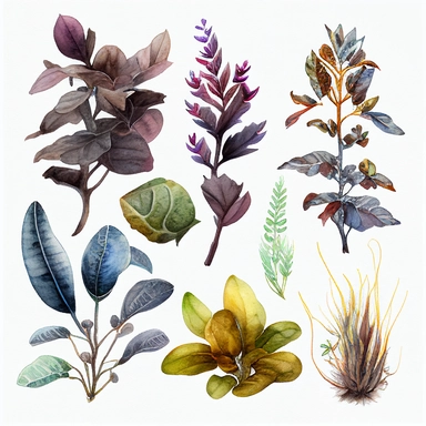 Dark academic plants, white background, watercolor, hyperrealism, high detail, separate elements, set, clipart