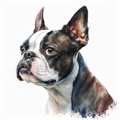 a watercolor painting of a Boston Terrier dog, clipart, white background