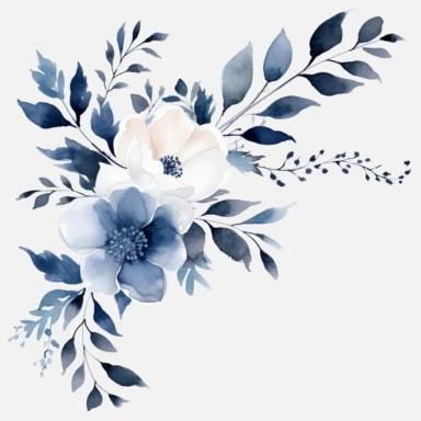 simplistic corner floral white and navy, watercolour, clipart