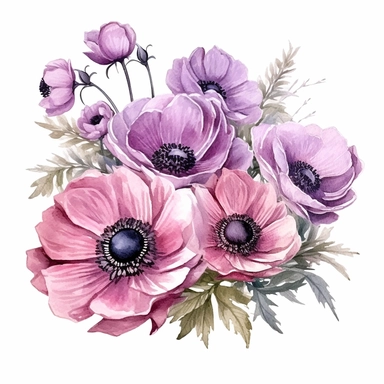 anemone flower bunch arranging into the boarder, watercolor, clipart, highly detailed, HD, pastel color