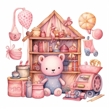 Cute Christmas toy workshop pink watercolor clipart