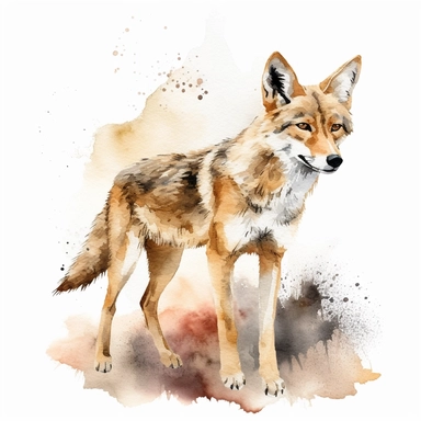 watercolor painting of a Coyote, clipart, watercolor clipart, watercolor splashes, illustration, artsy, desert, warm colors, white background