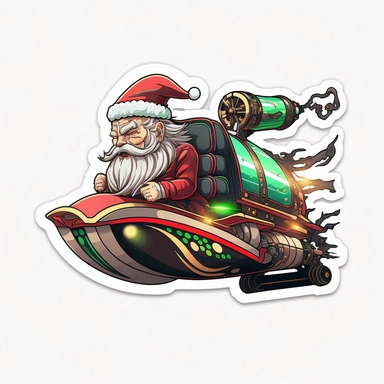 vector sticker design, anime style futuristic santa's sleigh cyberpunk clipart, white background, flat colors