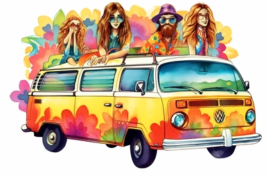 Colorful retro groovy 1970s clipart, watercolor