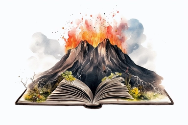 open book with volcano clipart, watercolor, full hd, bella kotak, on white background