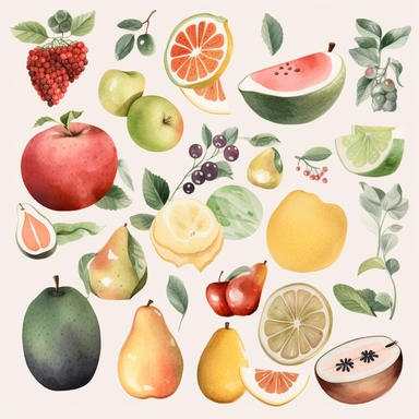 Digital stickers, summer, icons, watercolor, minimalistic, clipart, aesthetic, neutral colors, fruits