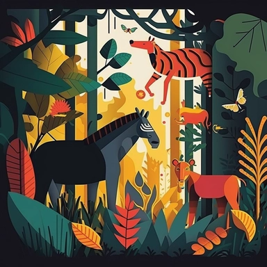 Create a vector graphic illustration of clipart animals interacting in a vibrant jungle scene. The style should echo modern flat design principles, simple yet visually engaging. The setting is well-lit, like a clear, sun-filled day, highlighting the bold primary and secondary colors of the animals and foliage. The composition is a medium shot, focusing on the playful interactions between different animals. white background