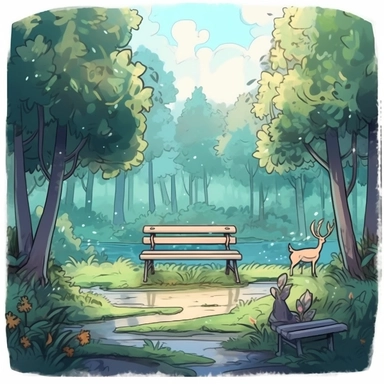 Create One clipart inspired by empty bench in park: The clipart exudes a cozy ambiance, with a sense of warmth and tranquility. It invites viewers to imagine themselves wandering through this magical nature, discovering its secrets and encountering fantastical creatures.cozzy watercolor style. in 4K. so it can be used in fantasy books. beautifull coloring