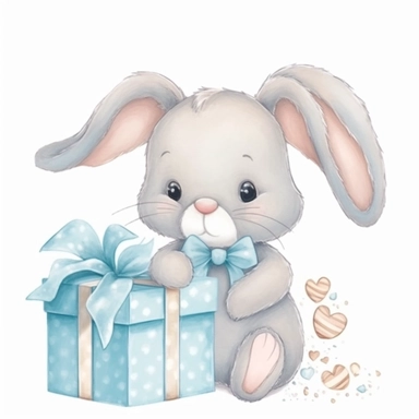 a shy baby Bunny with gifts Clipart, Peter rabbit, wearing a light blue coat covered in hearts, Nursery summer Clipart, Easter Clipart, summer Bunny, Crafting Digital Paper, Mother’s Day, white background