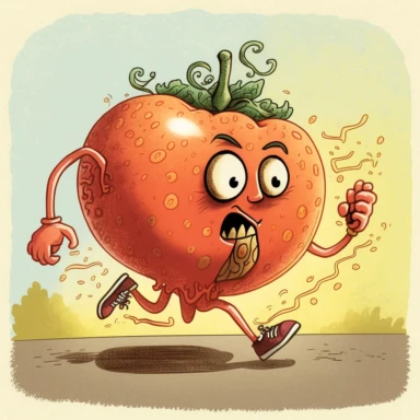 eccentric oddball tomato running a marathon, whimsical, cartoon style, hand drawn watercolor, clipart, intricate details,