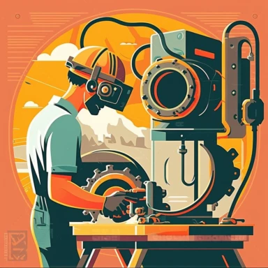 vr headset, virtual reality, industrial worker, poster, learning in vr gogle, repairing machine, simplistic, abstract, vector, 2d illustration, clipart, few colors, industrial, hi-tech