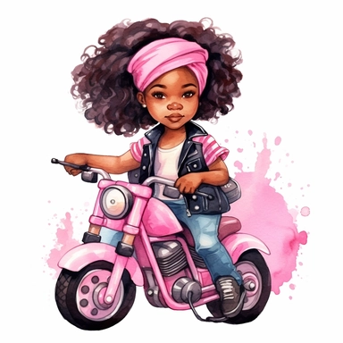 Cute little girl black skin sitting on her motorcycle pink watercolor Clipart