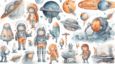 A whimsical cute space - themed cartoon clipart collection featuring rockets, planets,astronauts, and stars in shades of blue, orange, grey, and white on white background with margins, watercolor, sprite sheet, 2d, icon, sticker art