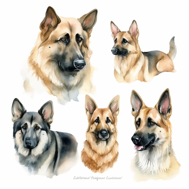 Watercolor German Shepherds - Stunning and Majestic Dog Illustrations in Watercolor Style. Create breathtaking and regal dog illustrations with this set of watercolor German Shepherds. The set includes realistic and detailed German Shepherd illustrations, each rendered in vibrant watercolor style. The dogs are depicted with their iconic black and tan coats, upright ears, and alert expressions, capturing the majestic beauty of this beloved dog breed. The watercolor texture adds a touch of artistr