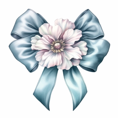 watercolor ultra realistic and hyper detailed illustration of a beautiful vintage satin bow with flower accents, clipart, white background