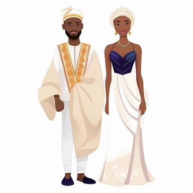 Create a cultural clipart of a wedding couple very in love and close that represents [nigerian women in a stunning wedding dress] and [french man in suit