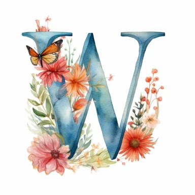 letter W, decorated with wildflower, subtle butterlies, fine details, soft pastel watercolors, clipart