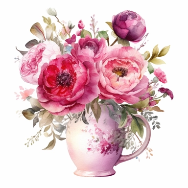 elegant watercolor small arrangement of 1 bright and dark pink General MacMahon peony with carnations, roses, ranunculus and astrantia on a small jug clipart, hd, on white background