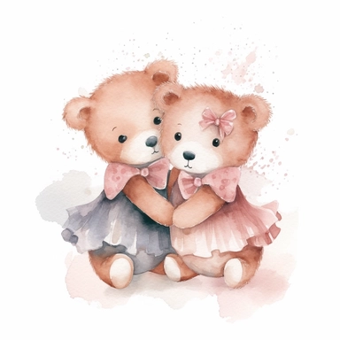 hand drawn cute girly teddy bears giving each other a hug, coquette style, glamorous, watercolor, white background with margins, clipart style