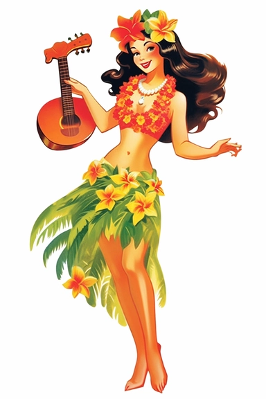 a woman hawaiian doing a luau on a beach, retro cartoon, drawing clipart, Tropical Sublimation, Coconut Girl, Hibiscus, white background