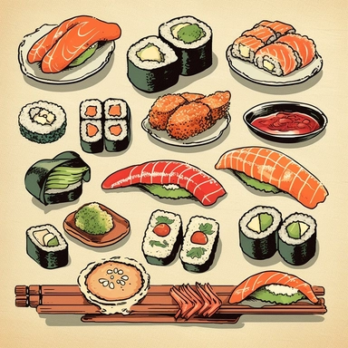 Envision a delightful hand-drawn clipart featuring a sushi feast. The sushi rolls are rich in color and detail: a vivid tuna roll, a beautifully textured eel nigiri, and a classic California roll. Each piece is carefully illustrated to bring out its unique features. A small pot of wasabi and pickled ginger add to the overall aesthetic. The entire image is presented on a contrasting white background, making the vibrant sushi rolls stand out even more.