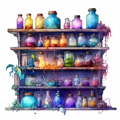 Witches PotionShelf Watercolor dreamy Clipart, pastel-core purple turquoise blue orange red yellow Magical Mystical Art, Fantasy Clipart, Witchcraft Potion many details style of Demizu Posuka no people