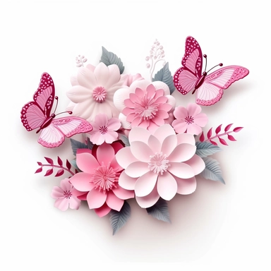3D exceptionally beautiful pink flowers and butterflies in 3D, clipart white background