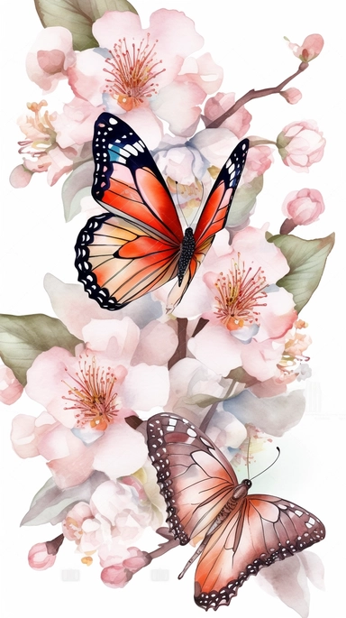 clipart Watercolor art of a cherry blossom branches, and butterflies, with soft pastel hues, illustration in the style of Ayami Kojima and J.C. Leyendecker, pixiv, high quality, highly detailed,on white background,fit image on paper, align center and middle, iw 0.75