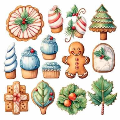 whimsical watercolour cute clip art Christmas cookies