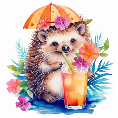 create a clipart featuring a cute hedgehog illustration, vibrant colors, watercolor, summer vibes, beach, Hawaiian vibes, hula, drinks, realistic, minimal, against a white background
