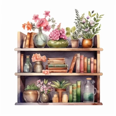 watercolor style, a bookshelf with multiple books, flowers and other decorations on it, realistic, delicate shades, clipart, isolated on white background, 4K