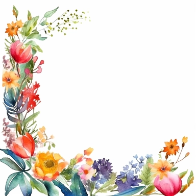clipart, isolated on white background, beautiful Watercolor spring field Floral narrow rectangle Empty Frame with flowers only on the corners, vivid and saturated colors