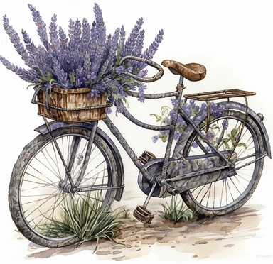 DESIGN A MAGNIFICENT AND EXQUISITE BREATHTAKING ONE-OF-A-KIND HIGH QUALITY HIGHLY DETAILED MASTERPIECE WATERCOLOR CLIPART ILLUSTRATION OF A lavender bike with lavender in the basket, in the style of use of vintage imagery, monochromatic scheme, angela barrett, steve hanks, barthel bruyn the younger, dutch and flemish, engineering/construction and design, white background