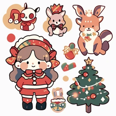 kahles xmas stickers vector collection | ornament vectors clipart stickers, in the style of kawaii manga, simplified line work, animal figurines, lacquer painting, plush doll art, intersecting lines, multi-layered figures, 8k
