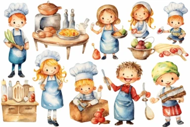 Watercolor clipart cooking, kids