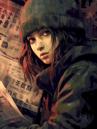 a newspaper clip art illustration for an ANIME GIRL, in the style of large-scale murals, dark palette chiaroscuro, movie poster, mori kei, captivating documentary photos