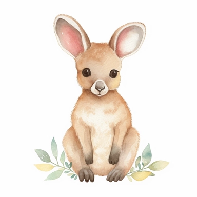 a pastel baby kangaroo with kind eyes clipart with watercolor illustration,full body shot,8k,etsy style, white background