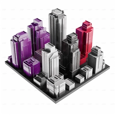 3d model of isometric metallic city black+red+silver+purple, clipart, white background