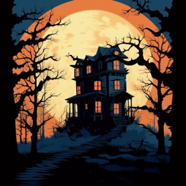 clipart, A spooky silhouette of a haunted house surrounded by eerie trees and glowing pumpkins. The house should have glowing windows, and the trees should have neon-colored leaves. The overall atmosphere should be mysterious and haunting. Camera setup: Low-angle shot with a wide-angle lens to capture the grandeur of the house. Use a tripod and long exposure to enhance the glowing effect