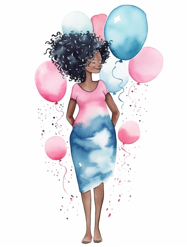 Watercolor illustration, cute gender reveal doodle clipart, high resolution, detailed doodle, white background, doodle of pregnant black woman with pregnant belly, pink and blue