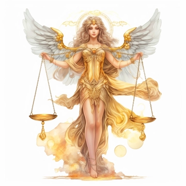 Libra zodiac sign as fantasy portrait of beautiful angel goddess holding golden libra in one hand, golden armor, Watercolor Libra Zodiac Sign Clipart, 8k, detailed white background, uplighted