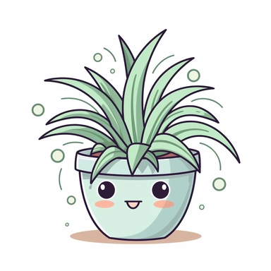 cute clipart icon of spider plant, Chlorophytum comosum, green and white leaves, smiling face inside the pot, kawaii, anime style, in white background, soft color blending, rounded