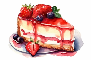 watercolor Strawberry and cream cheescake clipart, hd, on white background, spaced out