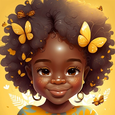melanin little girl african american clipart close up smile wight background with simmetrical beautiful face and little butterflies sunflavers pixar cartoon style