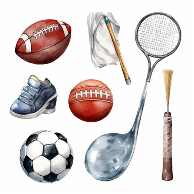 Watercolor style, sports, football, rugby, tennis, golf, cricket, variations, hyper realistic detailed clipart, on a white background