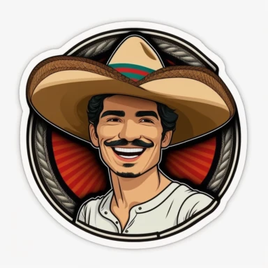 Pretty smiling Mexican young man wearing a sombrero, guitar background, realistic cartoon-style clipart sticker