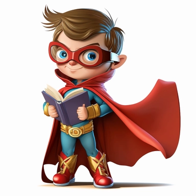 full body happy, smiley and cute little superhero boy with eye mask and cape, looking directly at the camera, with a book in his hand, in clipart style